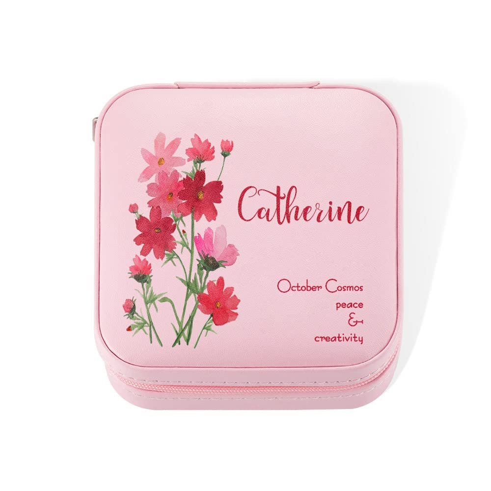 callie Personalized Birth Flower Jewelry Box for Women Mom, Custom Watercolor Leather Travel Jewelry Case, Mother's Day Wedding Birthday Gift for Her