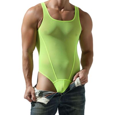 BreakEgg Men's Sexy Cutout Mesh Bodysuit Transparent Tank Tops Crewneck Mens Body Suit One Pieces Coveral (Large,Green)