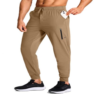 MUZEGE Men's Athletic Joggers Stretch Sweatpants with Zipper Pockets Lightweight Running Workout Gym Track Golf Jogging Training Sweat Pants for Men(Dark Khaki,XL)