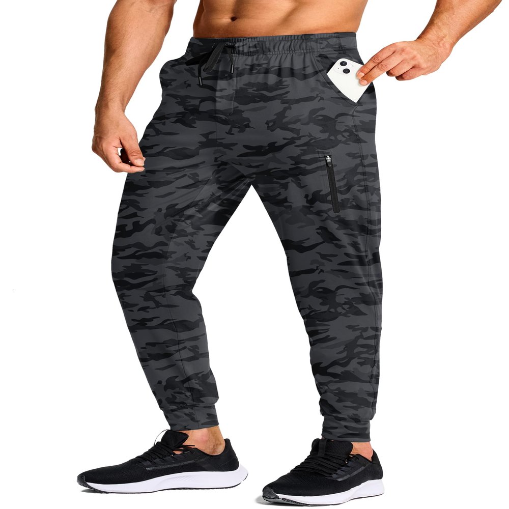 MUZEGE Men's Athletic Joggers Stretch Sweatpants with Zipper Pockets Lightweight Running Workout Gym Track Golf Jogging Training Sweat Pants for Men(Black Camo,S)