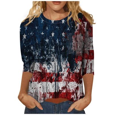 AAZJSS Patriotic Women's 4th of July American Flag T-Shirt, Red, White & Blue, 3/4 Sleeve, Crew Neck, Multicolor, Adult, Medium to X-Large