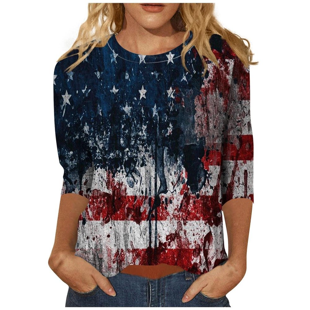 AAZJSS Patriotic Women's 4th of July American Flag T-Shirt, Red, White & Blue, 3/4 Sleeve, Crew Neck, Multicolor, Adult, Medium to X-Large