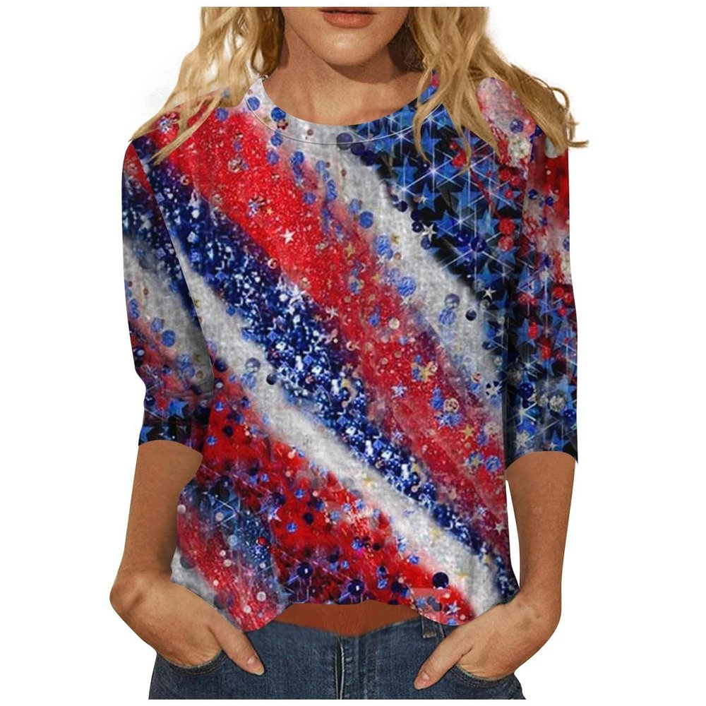 AAZJSS Women's 4th of July Patriotic Shirt - Red, White & Blue - 3/4 Sleeve - Large - Royal Blue