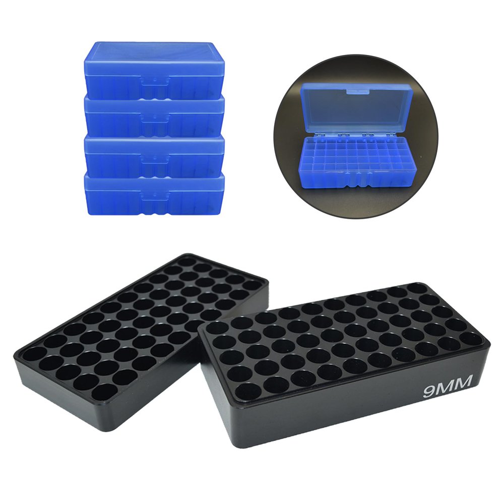 OYSERHOM Ammo Checkers Block for 9mm Case Gauge, Cartridge: 9mm Luger, Ammo Chamber Checker Cartridge Gauge Reloading Block, Set with Four 50-Round Flip-Top Ammo Boxes
