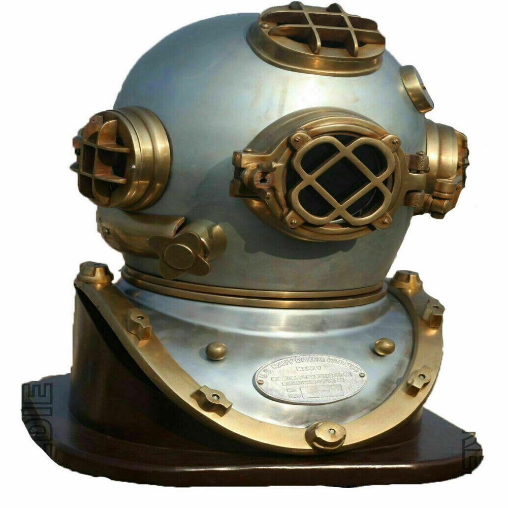 NineFit Basics US Navy Diving Helmet Mark V Deep Sea Divers Diving Helmet with Wooden Base, As Shown in image