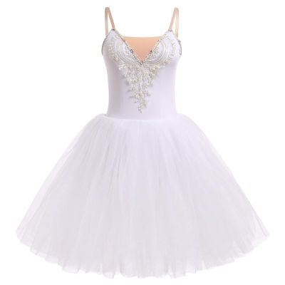 Ballerina Costume Women, Swan Lake Ballet Costumes Adult Ballet Leotard Tutu Dress Mesh Tulle Puffy Skirt Long Dance Dresses Ballerina Dancewear Professional Competition Stage Performance White L