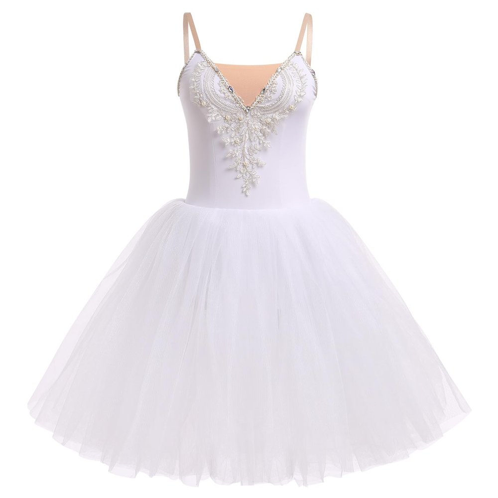 Ballerina Costume Women, Swan Lake Ballet Costumes Adult Ballet Leotard Tutu Dress Mesh Tulle Puffy Skirt Long Dance Dresses Ballerina Dancewear Professional Competition Stage Performance White L