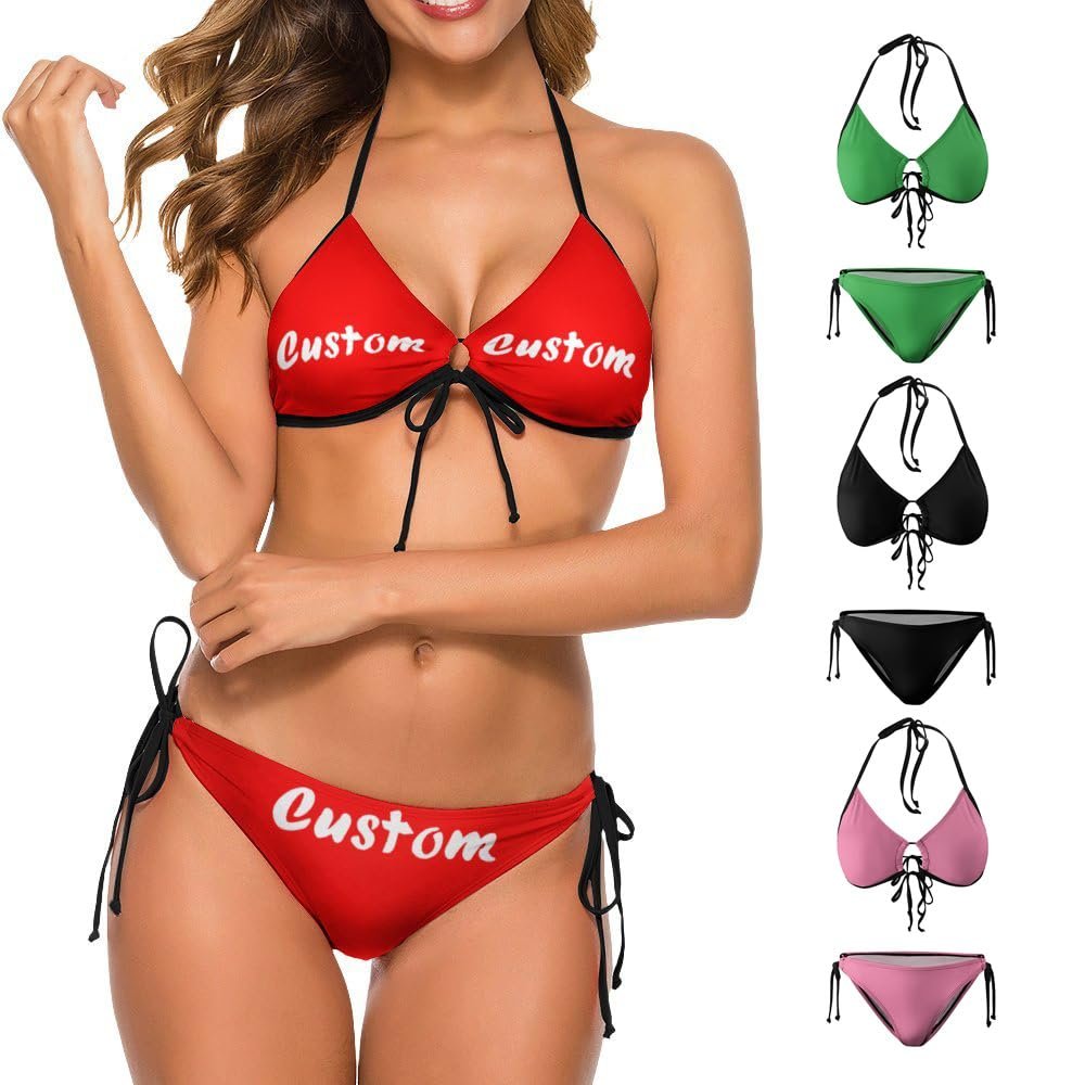 Custom Bikini Set for Women Personalized Swimsuits with Photo Text Logo Name Bathing Suits, Design 2, S