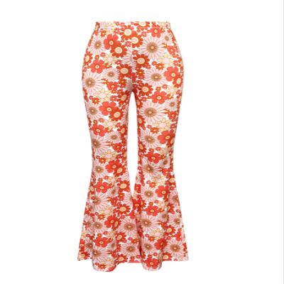 OYOANGLE Girl's Boho Floral Print Elastic Waist Flared Leg Pants Casual Bell Bottom Trousers Orange 11Y