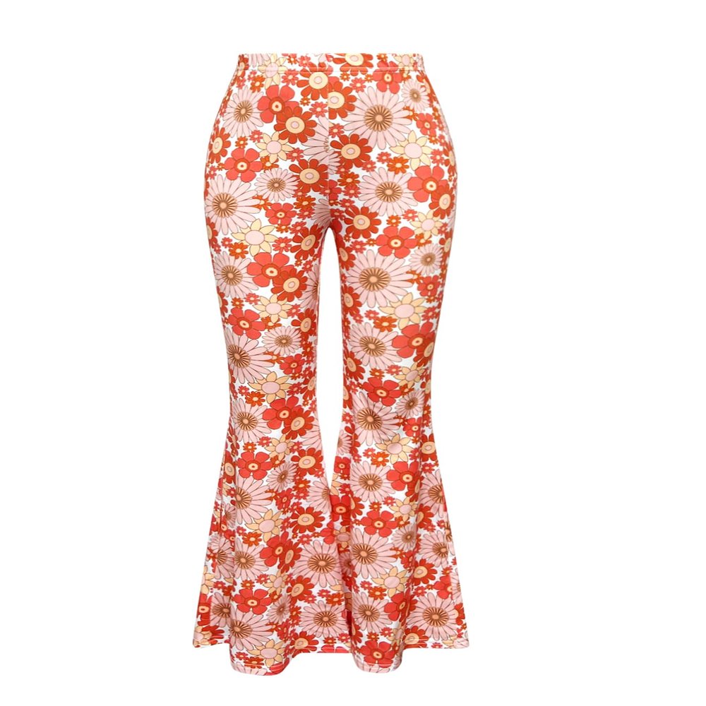OYOANGLE Girl's Boho Floral Print Elastic Waist Flared Leg Pants Casual Bell Bottom Trousers Orange 11Y