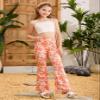 OYOANGLE Girl's Boho Floral Print Elastic Waist Flared Leg Pants Casual Bell Bottom Trousers Orange 11Y view 3