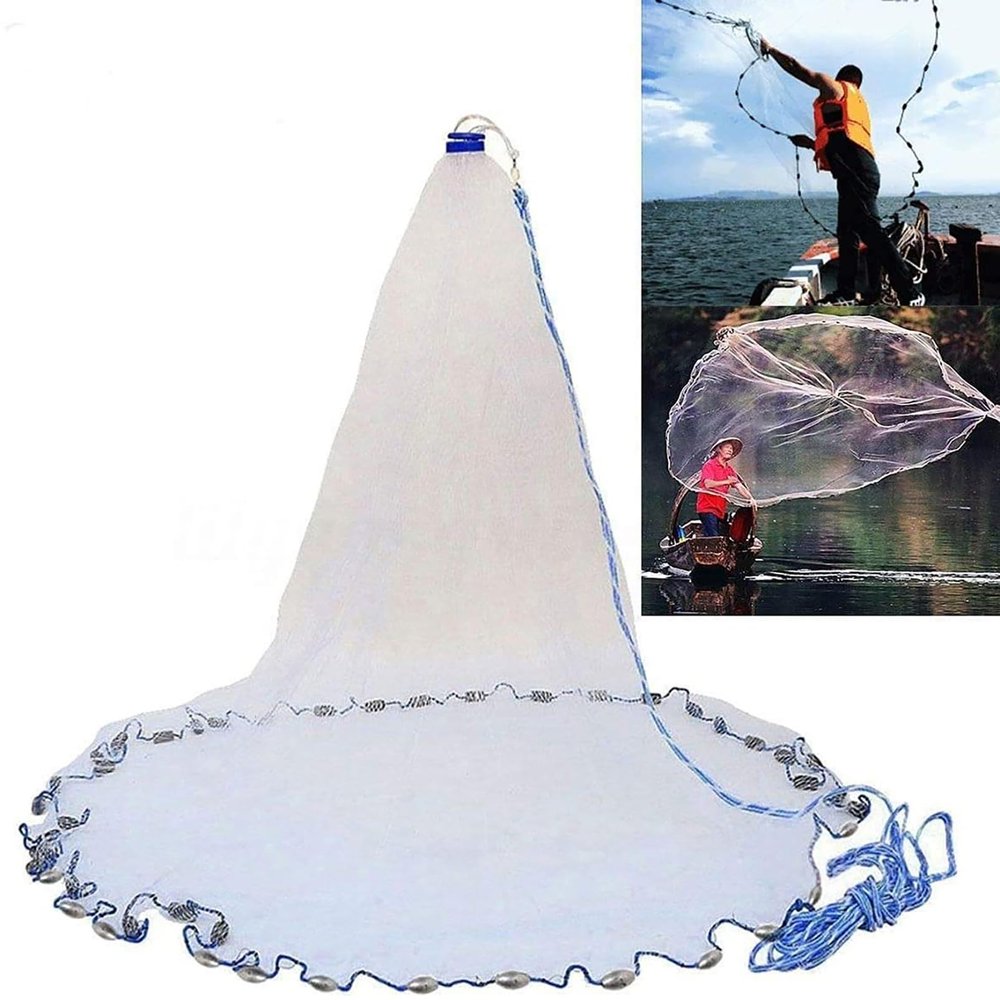 Yeahmart American Saltwater Fishing Cast Net for Bait Trap Fish 9ft Radius Casting Nets with Heavy Duty Real Zinc Sinker Weights, 3/8inch Mesh Size