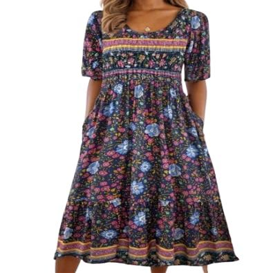Akivide Women Boho Short Sleeve Tshirt Maxi Dress Floral Print Summer Casual Plus Size Flowy Beach Loose Long Tunic Dress with Pocket