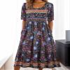 Akivide Women Boho Short Sleeve Tshirt Maxi Dress Floral Print Summer Casual Plus Size Flowy Beach Loose Long Tunic Dress with Pocket view 2