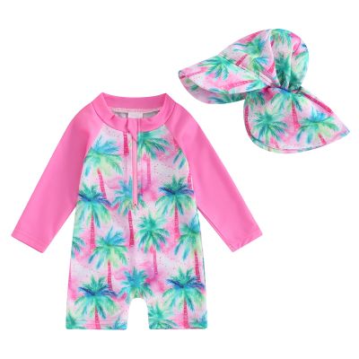 Toddler Baby Boy Girl Swimsuit One Piece Floral Rash Guard Swimwear Bathing Suit Zip Up Beachwear Sunsuit with Hat (Green, 3-6 Months)