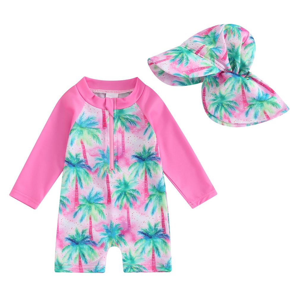 Toddler Baby Boy Girl Swimsuit One Piece Floral Rash Guard Swimwear Bathing Suit Zip Up Beachwear Sunsuit with Hat (Green, 3-6 Months)