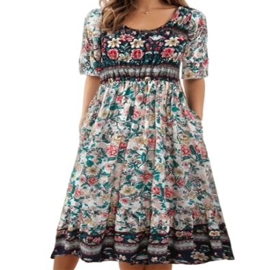 Akivide Women Boho Short Sleeve Tshirt Maxi Dress Floral Print Summer Casual Plus Size Flowy Beach Loose Long Tunic Dress with Pocket