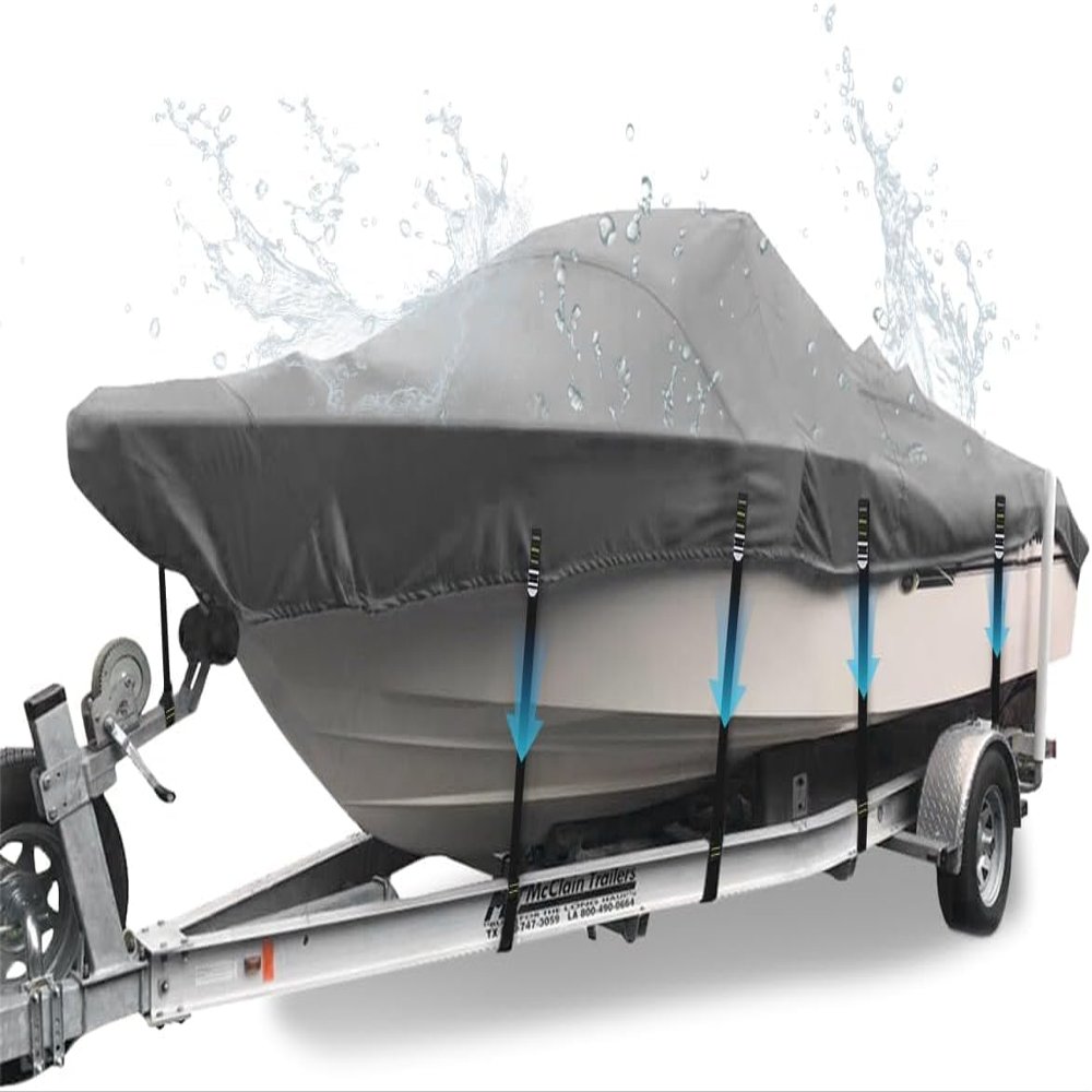 1200D Heavy-Duty V-Hull Boat Covers, Full Windproof Metal Fittings Waterproof UV-Proof Boat Cover Fits Tri-Hull, Runabout, 16'-18.5' Long, Beam Width up to 94"