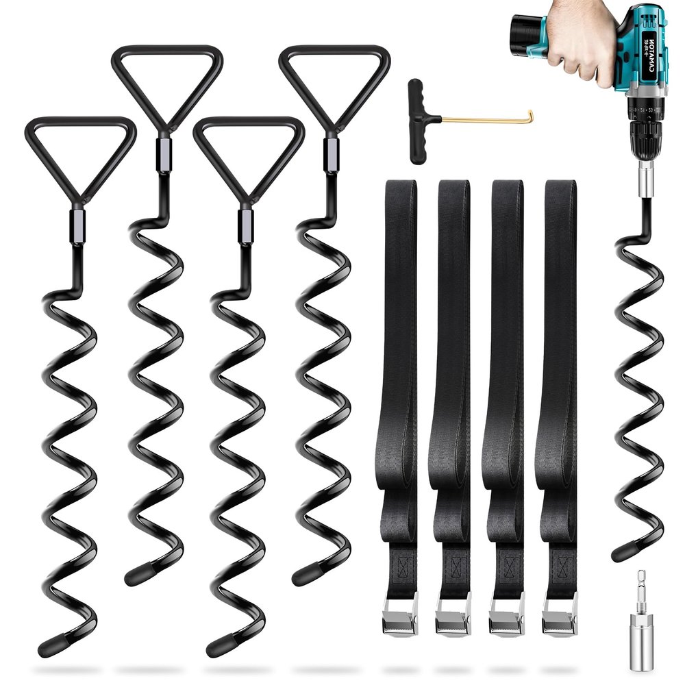 Trampoline Stakes 4 Pack - Heavy Duty Trampoline Anchors Kit - Screw In Ground Anchors High Wind with Straps for Trampolines(Black-4Pack)