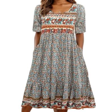 Akivide Women Boho Short Sleeve Tshirt Maxi Dress Floral Print Summer Casual Plus Size Flowy Beach Loose Long Tunic Dress with Pocket