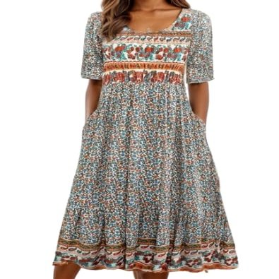 Akivide Women Boho Short Sleeve Tshirt Maxi Dress Floral Print Summer Casual Plus Size Flowy Beach Loose Long Tunic Dress with Pocket