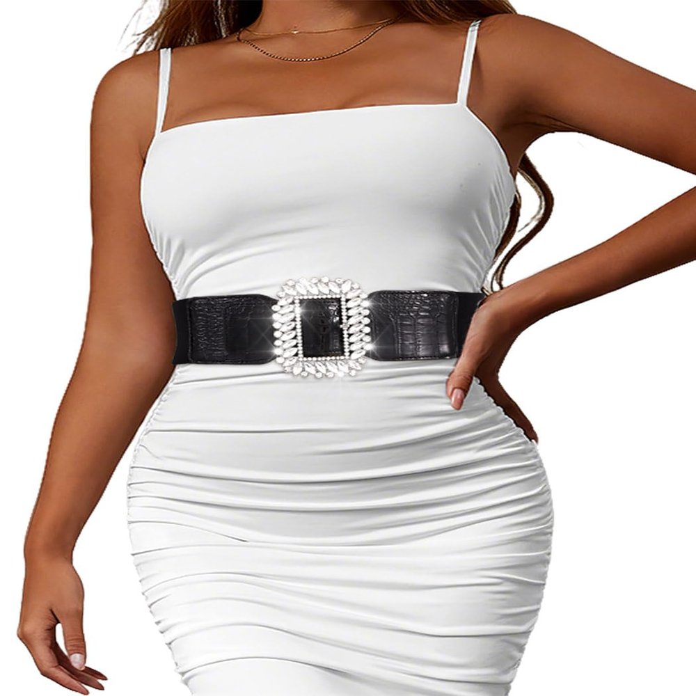 Tgirls Women's Rhinestone Elastic Belt Crystal Stretchy Wide Belt for Dresses Fashion Vintage Waist Belts (Small)
