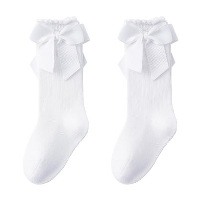 Angel Baby Knee High & Long Socks - Girls Bow Ruffled & Cotton Tube Stockings, Infant Dress Socks (White, 2 Pairs, 0-6 Months)