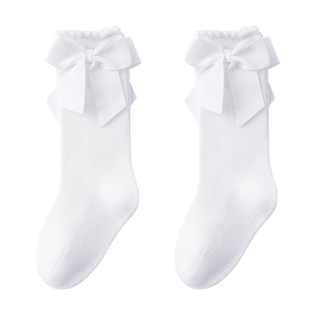 Angel Baby Knee High & Long Socks - Girls Bow Ruffled & Cotton Tube Stockings, Infant Dress Socks (White, 2 Pairs, 0-6 Months)