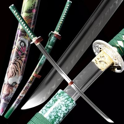 HERO SWORD Handmade Clay Tempered T10 Steel Green Tiger Katana Traditional Japanese Samurai Sword Very Sharp Can Cut Trees Real Weapon Combat Ready Mantis Theme Cool Sword Best Gift for Men