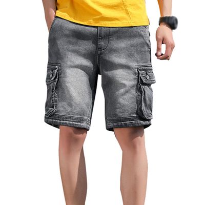 Distressed Cargo Denim Shorts for Men Multi-Pocket Slim Fit Straight Jean Shorts Casual Short Jeans Streetwear (Black Grey,30)