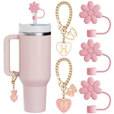 ANLABESY Compatible with Stanley Cup Accessories, 3PCS Hot Pink Straw Toppers for Stanley Cup Straw Cover Cap, 2PCS Cute Letter for 30&40 Oz Tumbler with Handle(H)
