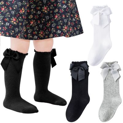 Angel Baby Knee High & Long Socks - Girls Bow Ruffled Knee Socks, Cotton Tube Stockings & Dress Socks for Infants, 0-6 Months (Black, White, Grey, 3 Pairs)