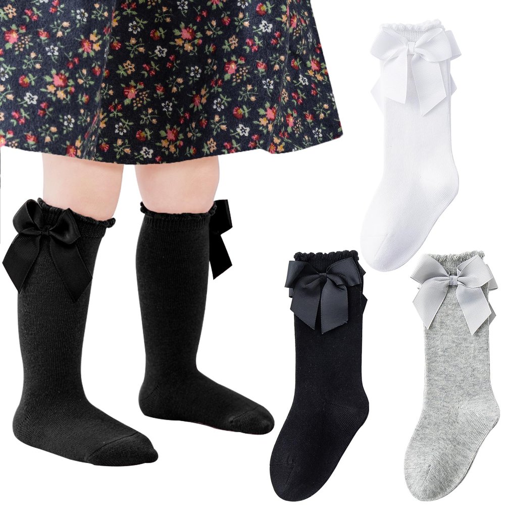 Angel Baby Knee High & Long Socks - Girls Bow Ruffled Knee Socks, Cotton Tube Stockings & Dress Socks for Infants, 0-6 Months (Black, White, Grey, 3 Pairs)