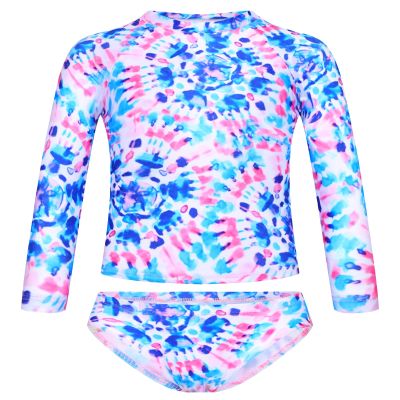 TENVDA Bathing Suits for Girls 9-10 Years Old Blue Tie Dye Swimsuit Quick Dry Two Piece Long Sleeve Rash Guard Swimwear
