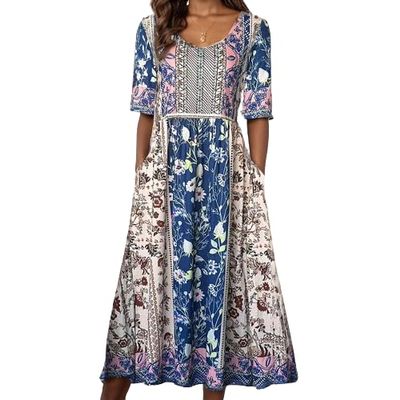 Akivide Women Boho Short Sleeve Tshirt Maxi Dress Floral Print Summer Casual Plus Size Flowy Beach Loose Long Tunic Dress with Pocket