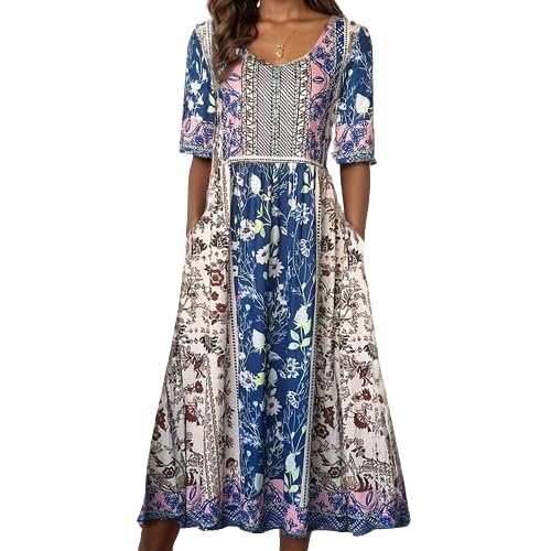 Akivide Women Boho Short Sleeve Tshirt Maxi Dress Floral Print Summer Casual Plus Size Flowy Beach Loose Long Tunic Dress with Pocket
