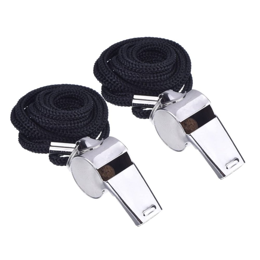 HANABASS 2pcs Stainless Steel Whistles Black Lanyard for Referees and Officials Loud Sound Emergency Whistle for Sports Training and Safety Use