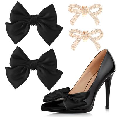 lasuroa 4pcs Bow Shoe Clips, Detachable Bowknot Shoe Clips for Women Bow Shoe Buckles Rhinestone Shoe Clips Bow Knot Shoe Charms for Heels for Wedding Bridal Party Daily Wearing (Black, Golden)