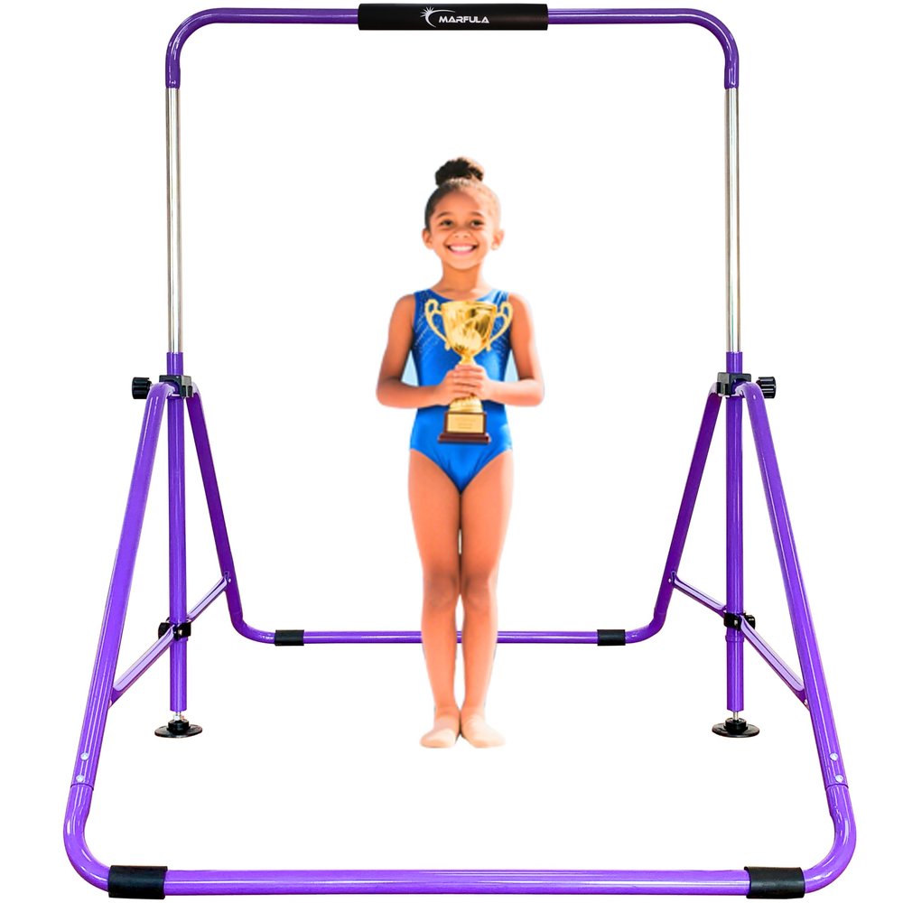 MARFULA Kip Bar Folding Gymnastic Bar with 5 FT Base Length 9 Height Levels Gymnastic Training Bar for Girls and Boys Between 3-9 Years Old at Home and Club Use