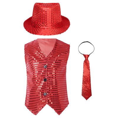 JEATHA Boys Girls Sequins Vest Dance Top Sleeveless Waistcoat Latin Jazz Dance Costume Shiny Jacket with Necktie Hat Set Red A 13-14 Years