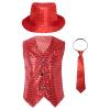 JEATHA Boys Girls Sequins Vest Dance Top Sleeveless Waistcoat Latin Jazz Dance Costume Shiny Jacket with Necktie Hat Set Red A 13-14 Years view 1