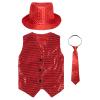 JEATHA Boys Girls Sequins Vest Dance Top Sleeveless Waistcoat Latin Jazz Dance Costume Shiny Jacket with Necktie Hat Set Red A 13-14 Years view 3