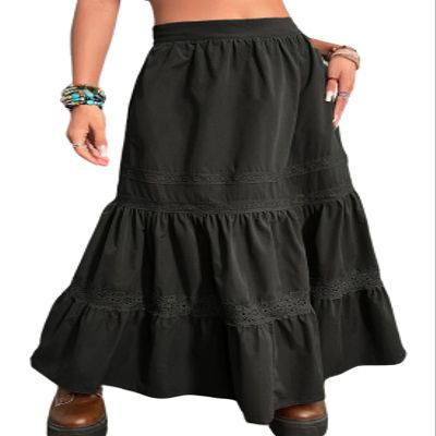 chouyatou Women's Summer Flowy Lace Spliced Tiered Maxi Long Skirt Boho Casual Pleated Swing Beach Skirt (X-Small, Black)