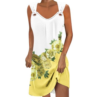 Amazon Warehouse Sale Clearance Summer Dresses Dresses for Women 2024 Elegant Sleeveless Boho Floral Print Sun Dress Trendy Vintage Tunic Beach Dress Yellow XL