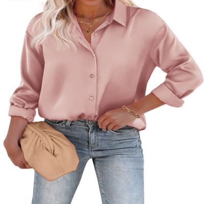 Chigant Button Up Shirts for Ladies Casual Elegant Long Sleeve Satin Silk Blouse Dressy Top Dark Pink