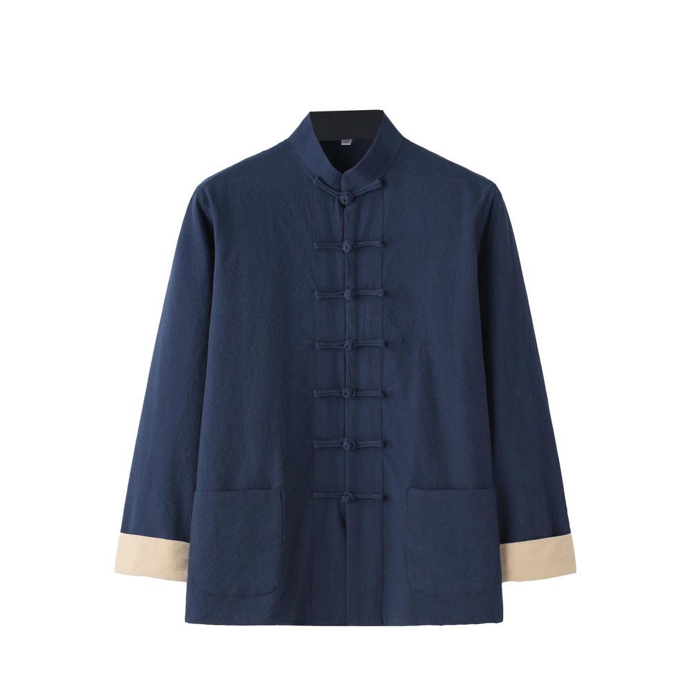 NineFit Basics Chinese Style Long Sleeve Tai Chi Cotton And Linen Tang Suit Uniform for Men (navy blue, XL), X-Large