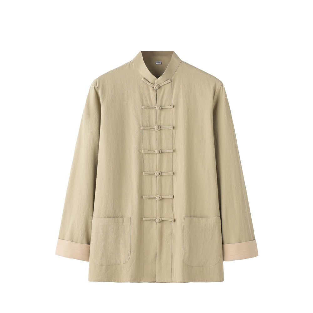 Chinese Style Long Sleeve Tai Chi Cotton And Linen Tang Suit Uniform for Men (khaki, S)