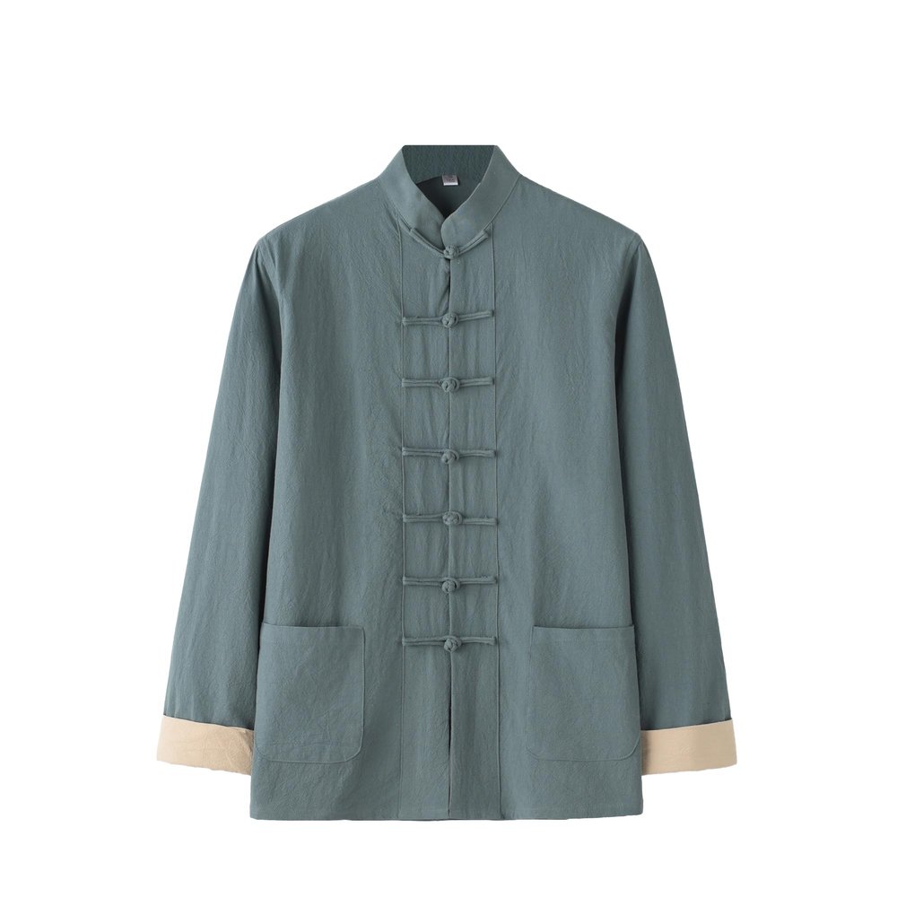 Chinese Style Long Sleeve Tai Chi Cotton And Linen Tang Suit Uniform for Men (blue-green, XL)