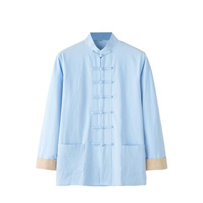 NineFit Basics Chinese Style Long Sleeve Tai Chi Cotton And Linen Tang Suit Uniform for Men (light blue, M), Medium