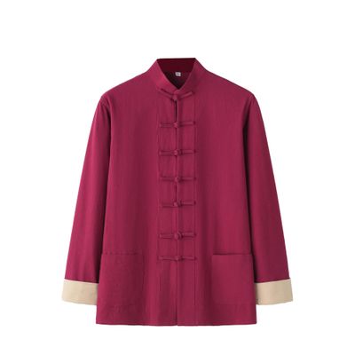 NineFit Basics Chinese Style Long Sleeve Tai Chi Cotton And Linen Tang Suit Uniform for Men (wine red, L), Large